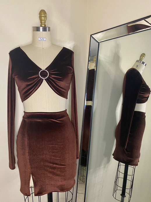 Brown two piece stretch velvet set  Long sleeve crop top with rhinestone ring for the perfect cleavage  Mini skirt with a side slit fits the body like a glove