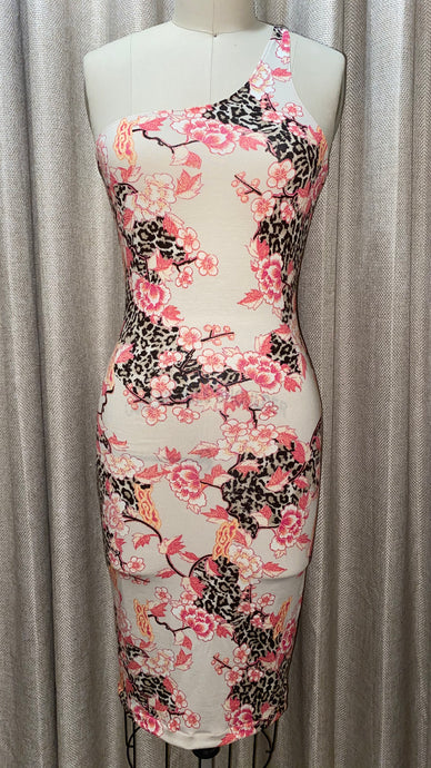 one shoulder bodycon dress. Floral/Animal Print  Peach & Pink  Cotton Jersey  Dress accentuates the curves  Slightly Translucent