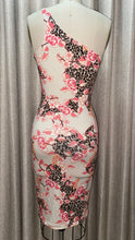 Load image into Gallery viewer, one shoulder bodycon dress. Floral/Animal Print Peach &amp; Pink Cotton Jersey Dress accentuates the curves Slightly Translucent. Summer Dress.