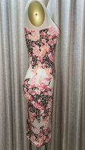 Load image into Gallery viewer, one shoulder bodycon dress. Floral/Animal Print Peach &amp; Pink Cotton Jersey Dress accentuates the curves Slightly Translucent. Summer Dress.